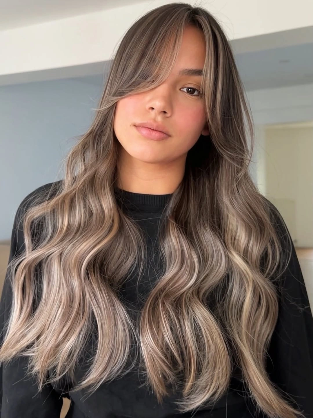 babylights hair ideas Pearl Beige Babylights with Flowing Curtain Layers