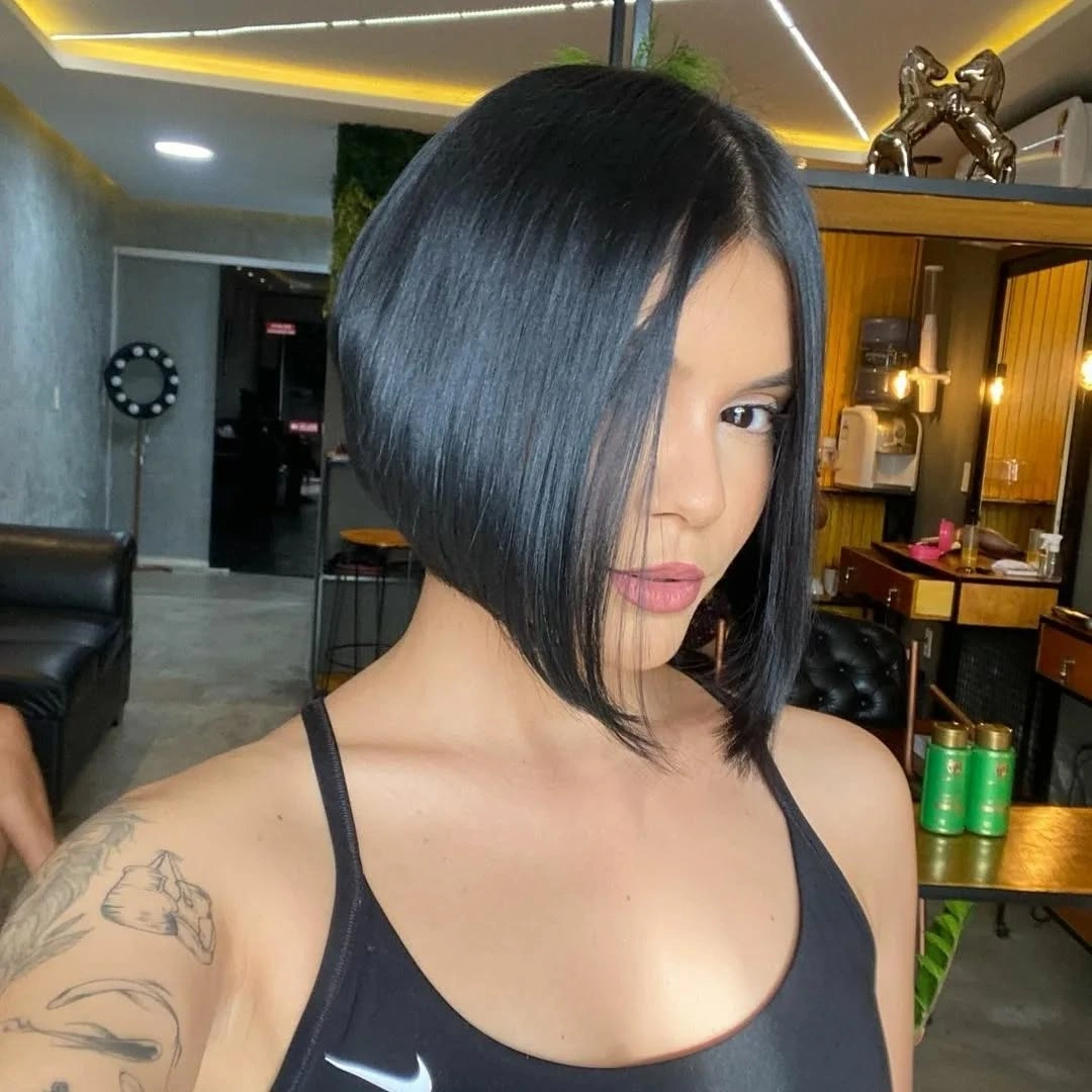 bobbed haircut for women Sleek Angled Glass Hair Bob with Dramatic Length