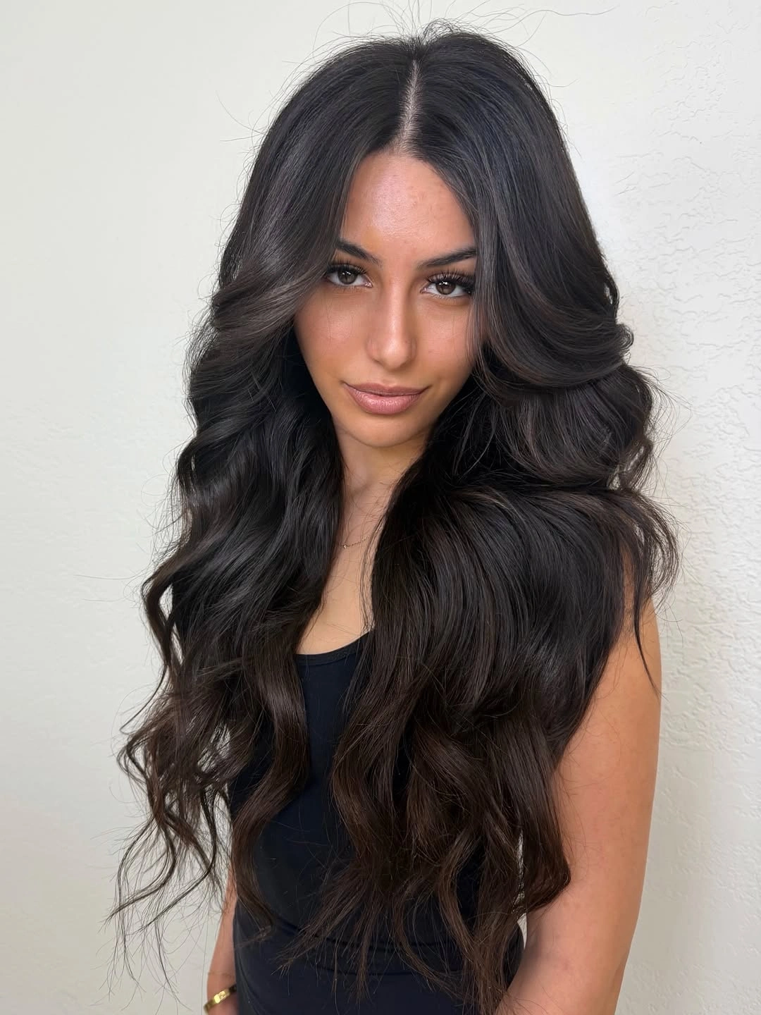 body waves hairstyle Glossy Espresso Body Waves With Luxurious Face-Framing Layers