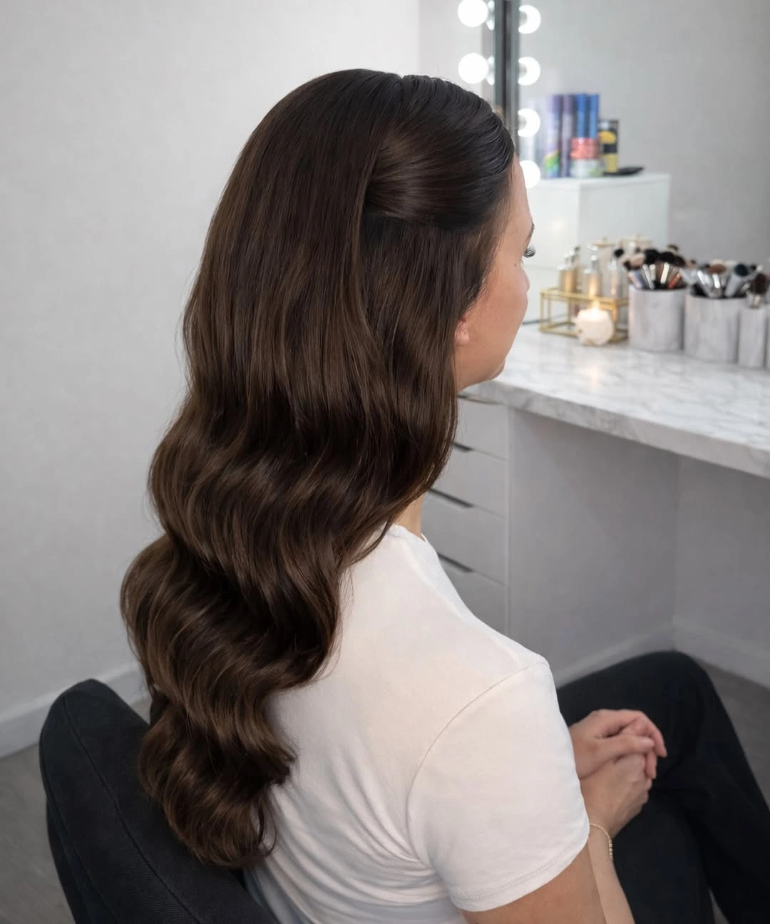 body waves hairstyle Deep Brunette Waves With a Romantic Half-Up Twist