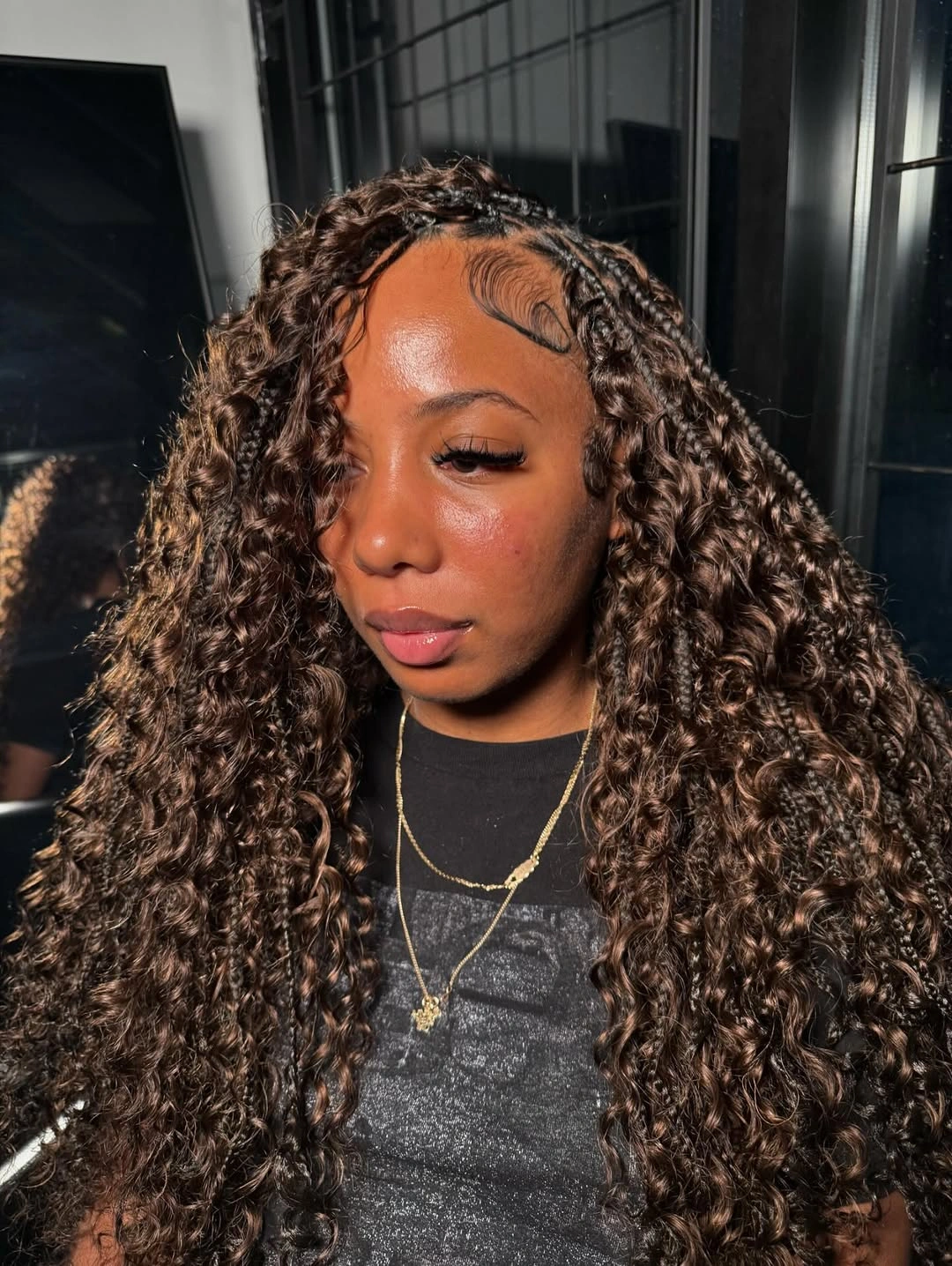 bora bora braids hairstyle Defined Chocolate Curls With Elegant Face-Framing Braids