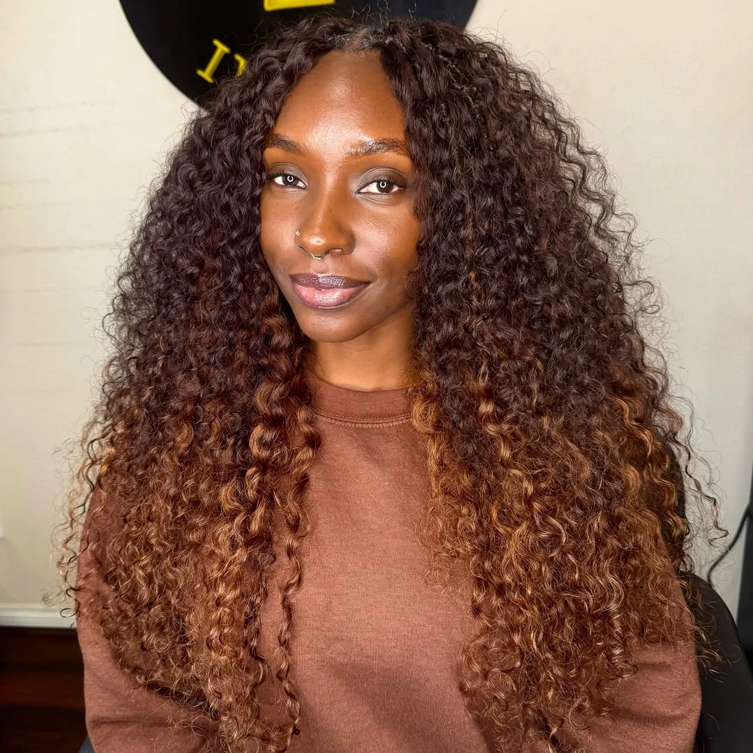 bora bora braids hairstyle Soft Auburn Ombre Curls Full of Warmth