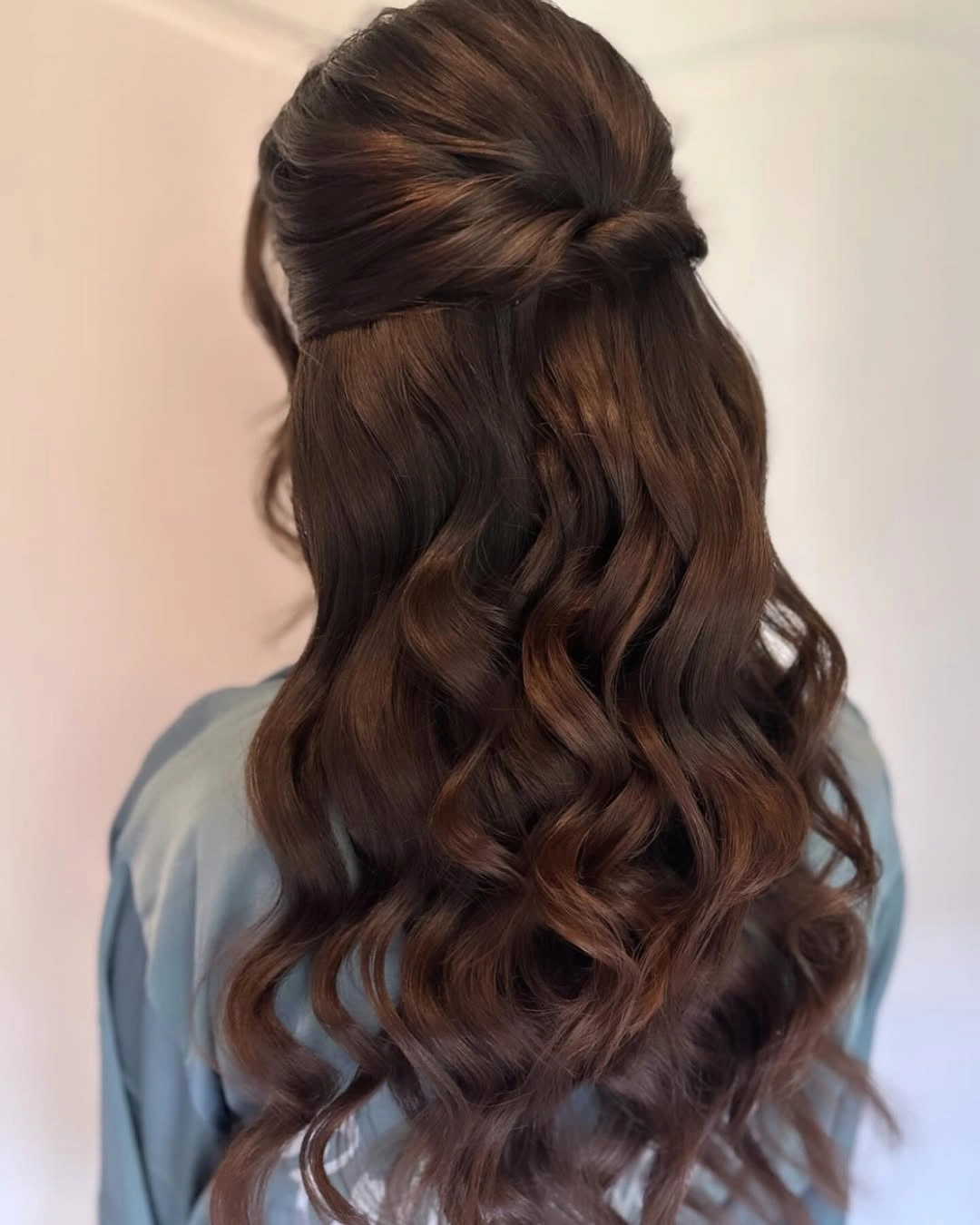 bridesmaid hairstyling Classic Half-Up Waves with Rich Brunette Shine