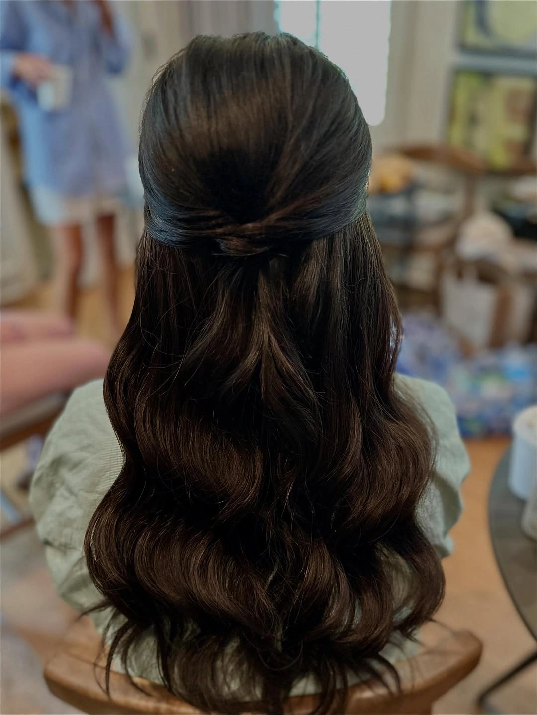 bridesmaid hairstyling Soft Brunette Half-Up Hairstyle with Loose Romantic Waves