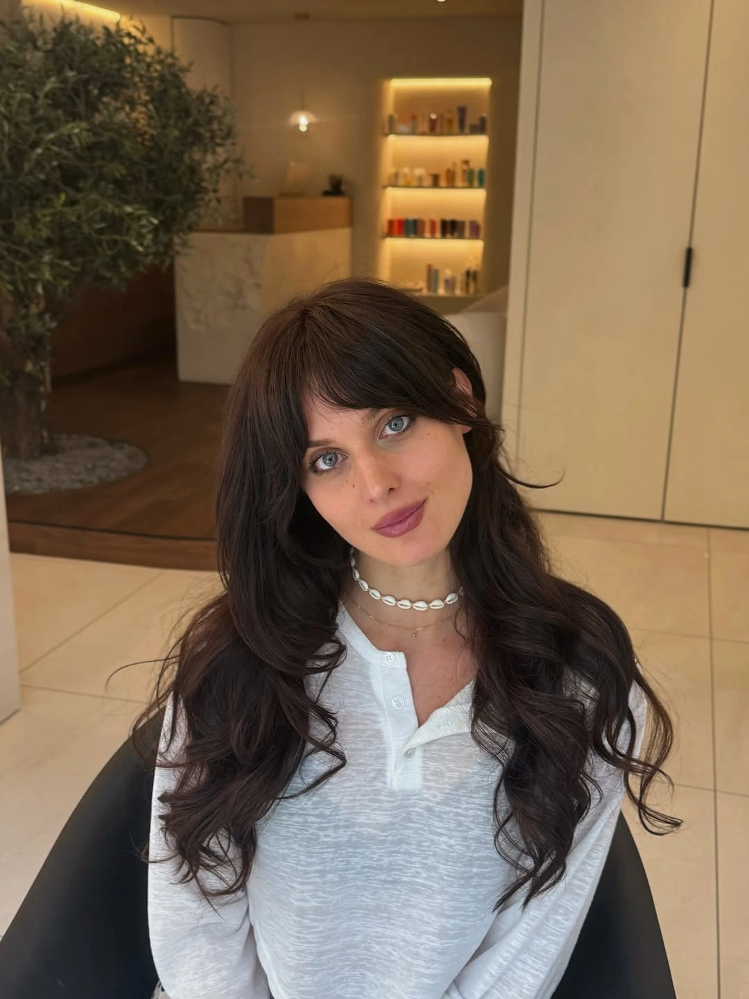 chestnut brown hair color Soft Chestnut Brown with Wispy Curtain Bangs