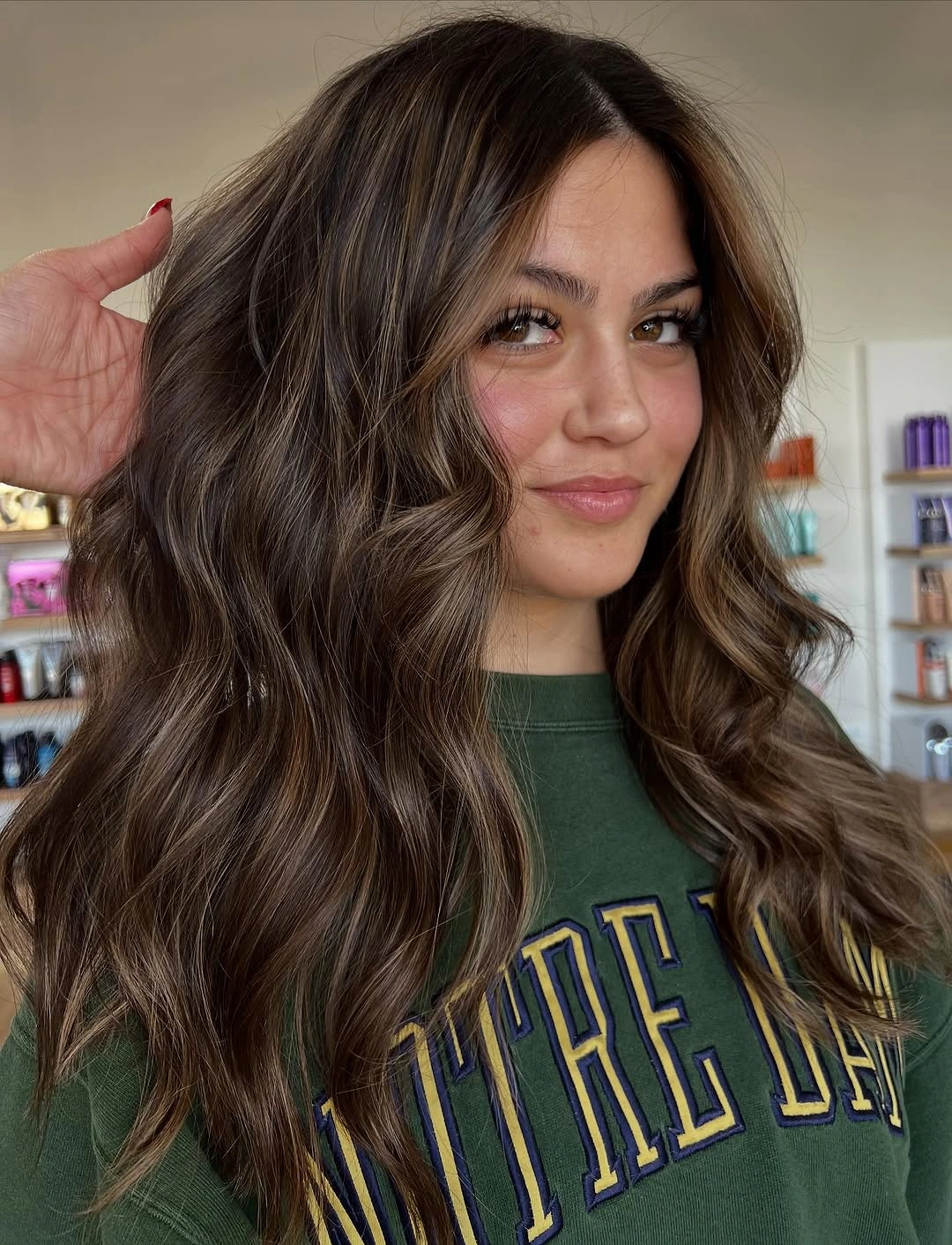 chestnut brown hair color Soft Chestnut Waves with Creamy Face-Framing Highlights