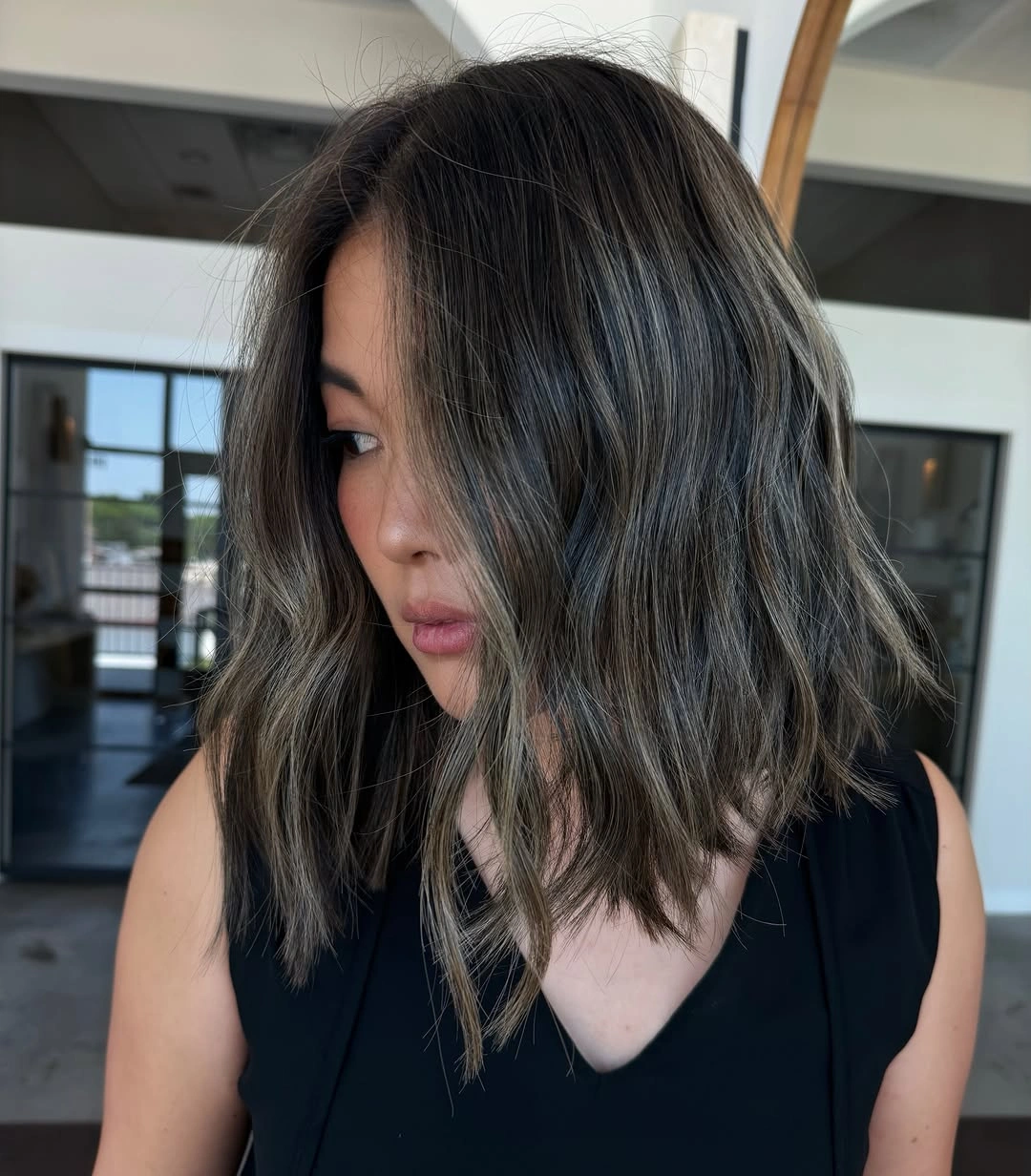 chestnut brown hair color Cool Smoky Chestnut Bob with Dimensional Ribbons