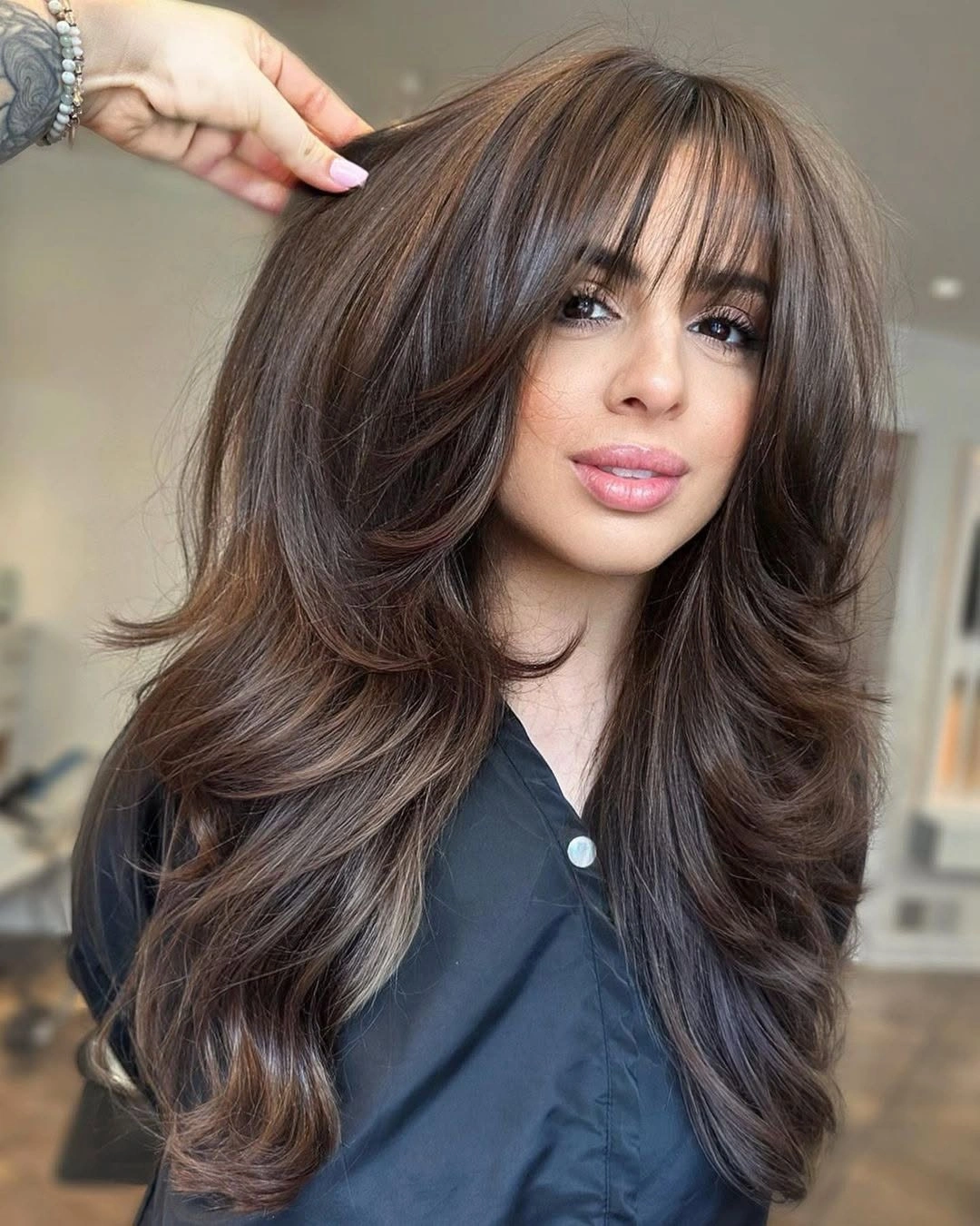 chestnut brown hair color Soft Chestnut Layers with Airy Fringe