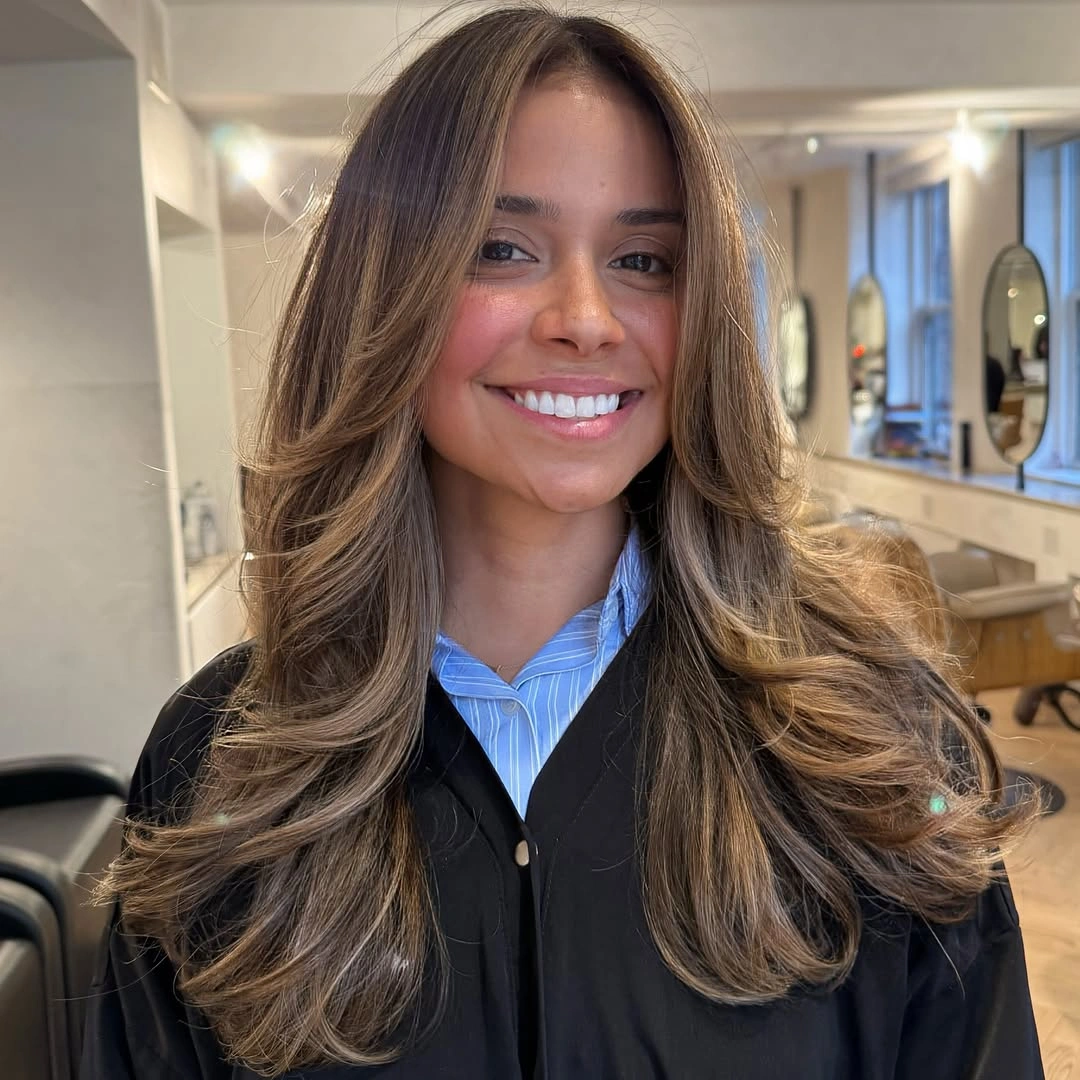 choppy medium layered hair Brunette Butterfly Layers with Caramel Face Framing