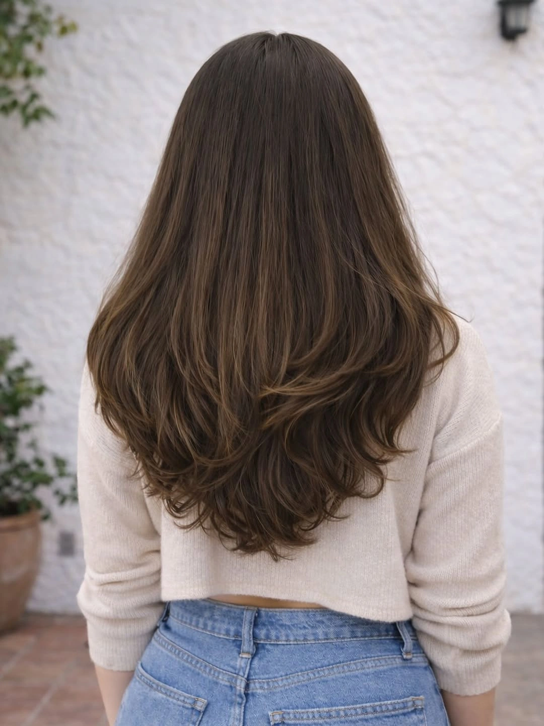 choppy medium layered hair Soft Cocoa V-Cut with Floating Layers