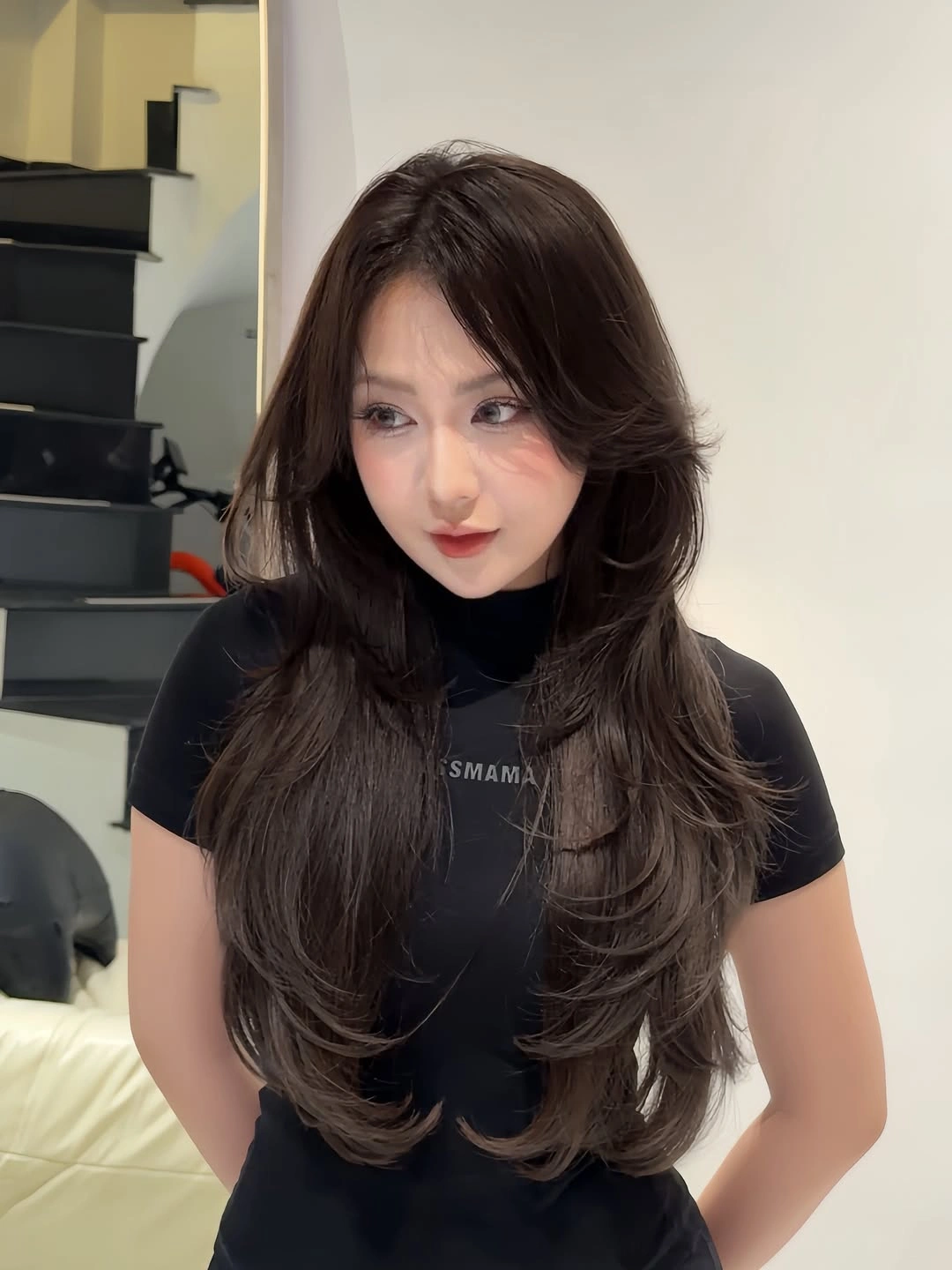 choppy medium layered hair Long Midnight Shag with Sculpted Curtain Layers