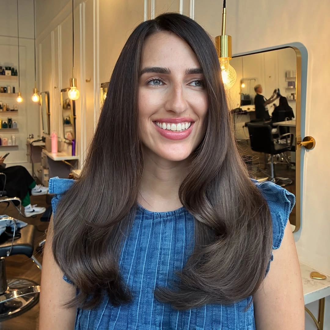 dimensional brunette hair color Glossy Cocoa Brunette with Luxe Satin Finish