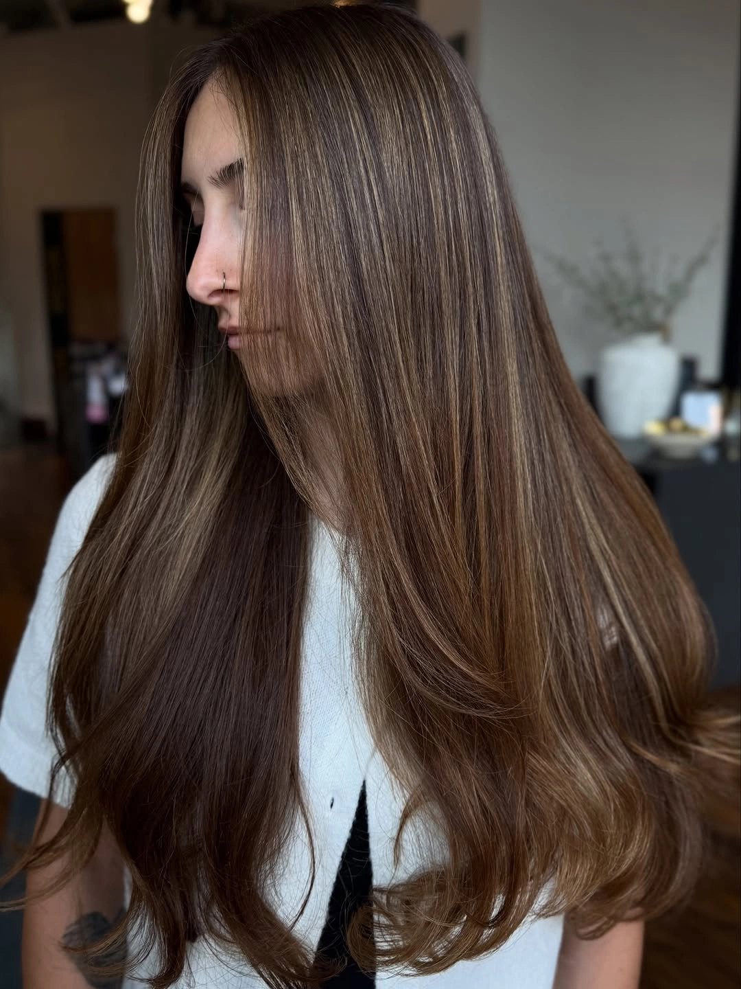 dimensional brunette hair color Warm Walnut Brunette with Seamless Honey Dimension