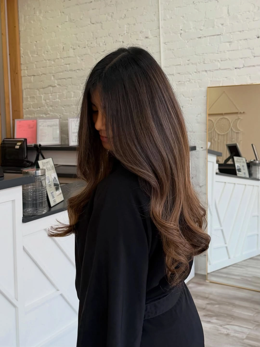 dimensional brunette hair color Long Walnut Brunette with Seamless Mocha Balayage