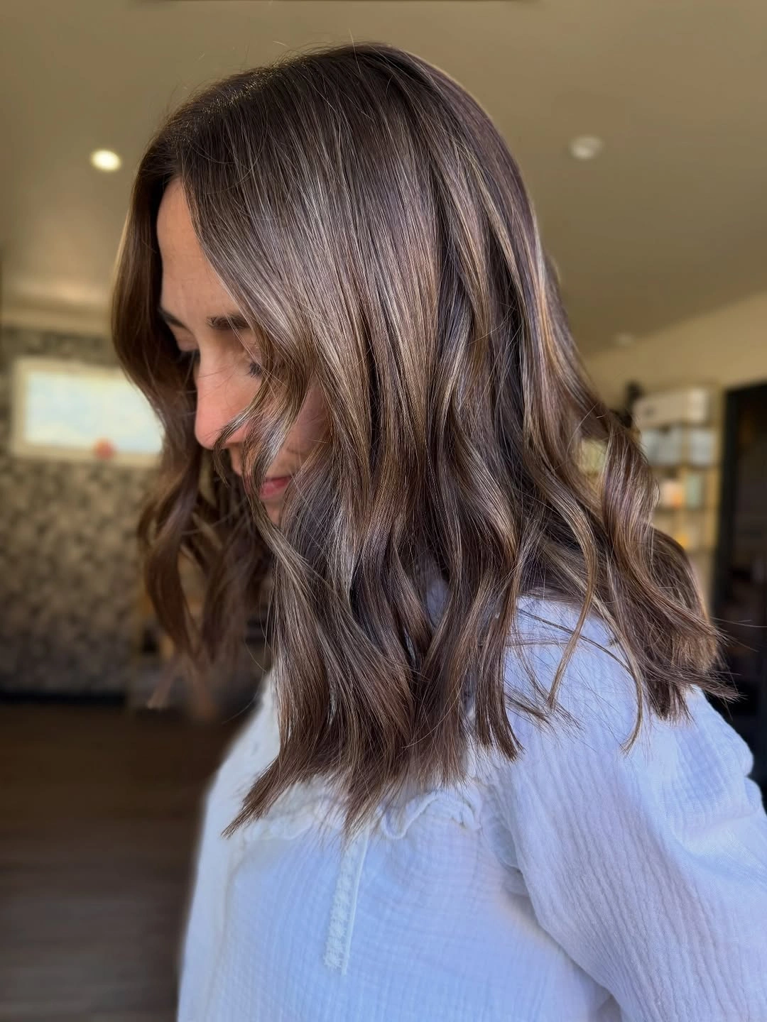 dimensional brunette hair color Soft Ash Mocha Brunette with Effortless Shoulder-Length Waves