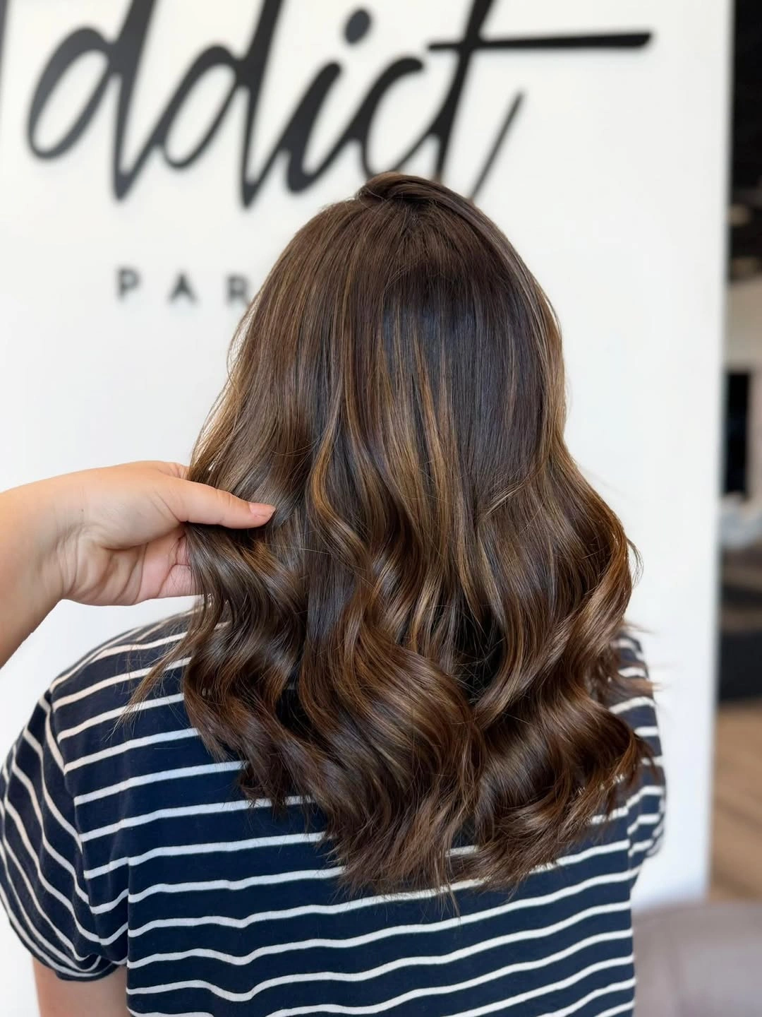 dimensional brunette hair color Medium Chocolate Brunette with Caramel Ribbon Highlights
