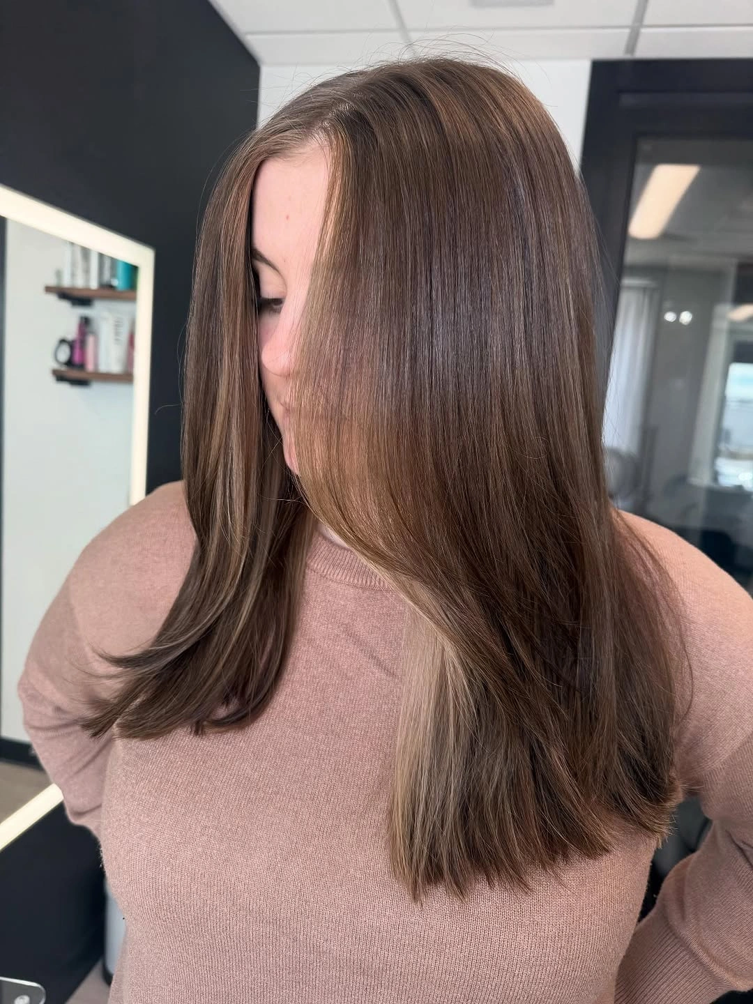 dirty blonde hair color Rich Espresso Dirty Blonde With a Hidden Face-Framing Accent