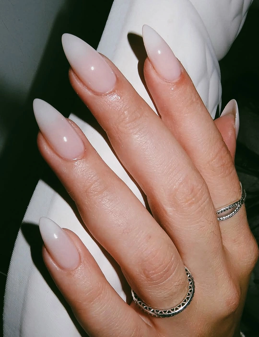 milky white almond nails with soft ombre tips