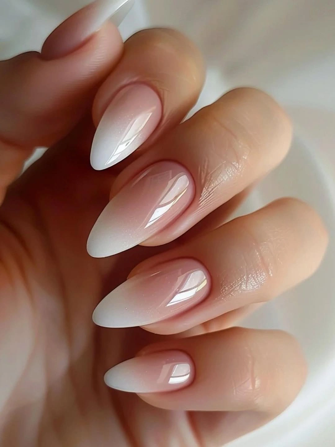 blush almond French nails with clean white tips