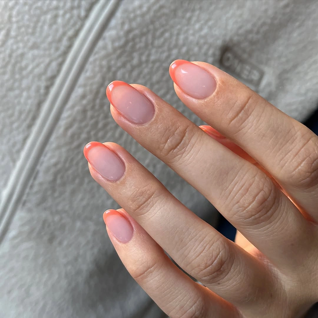 soft peach almond nails with micro French tips