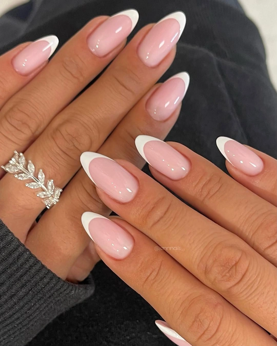 blush pink almond nails with soft white tips