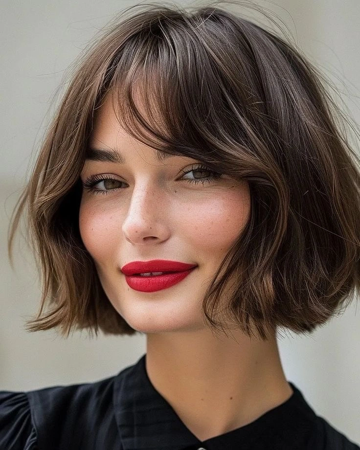 fall bob haircut ideas 2026 Soft Parisian Bob With Wispy Curtain Bangs