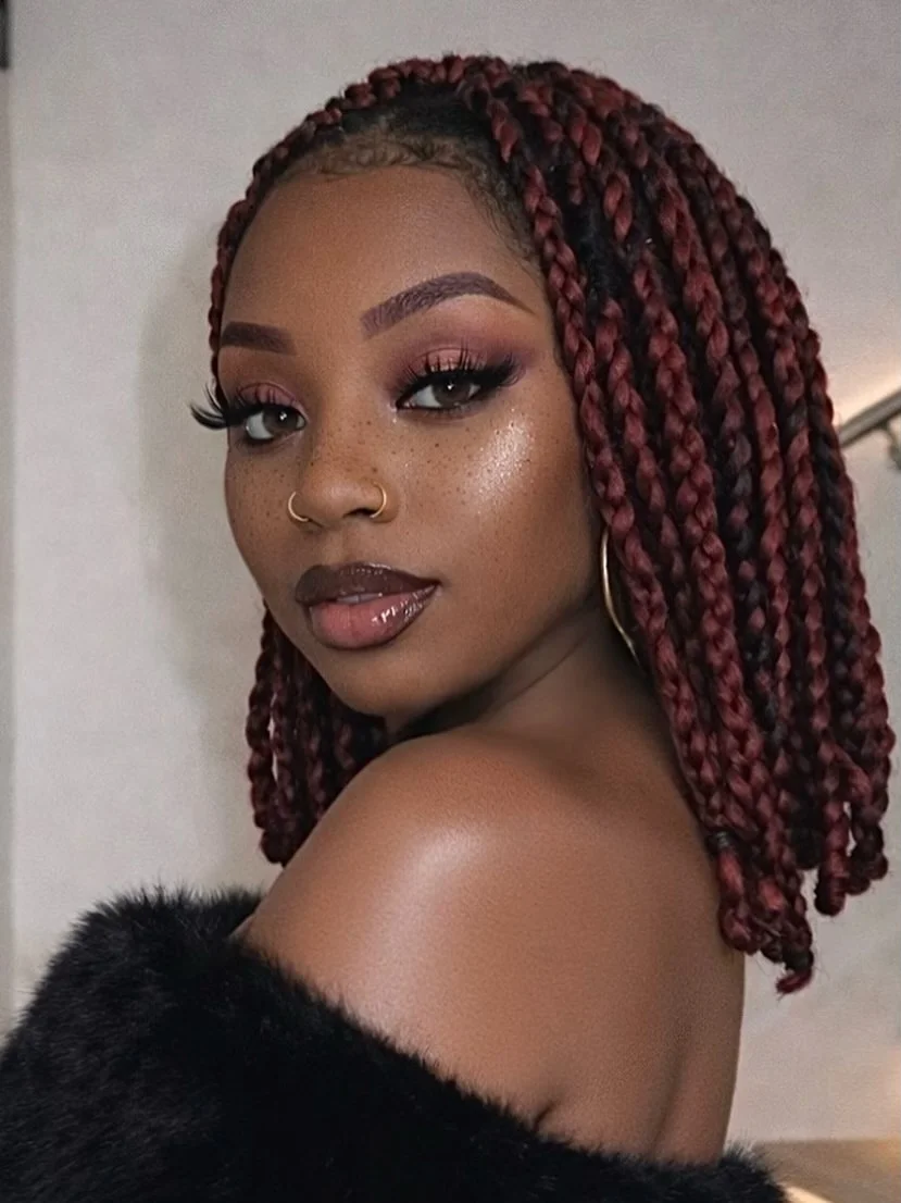 fall hair colors for black women 2026 Rich Burgundy Box Braids For Cozy Fall Days