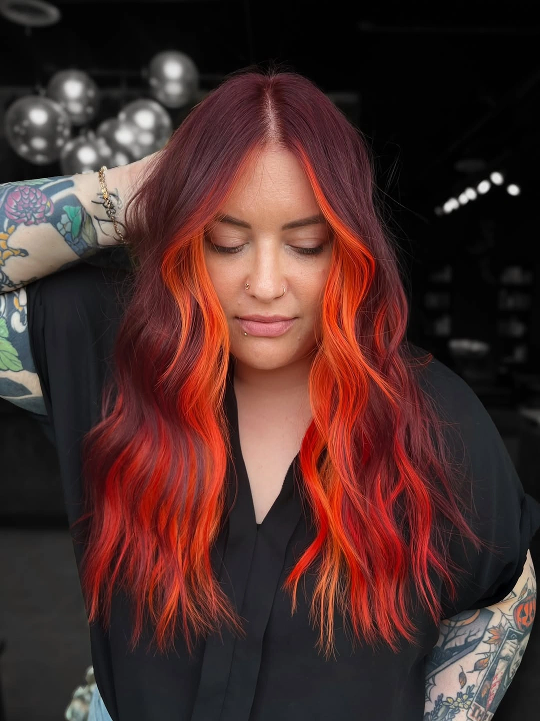 Fall hair colour ideas 2026 Crimson Money Piece With Fiery Autumn Ribbons