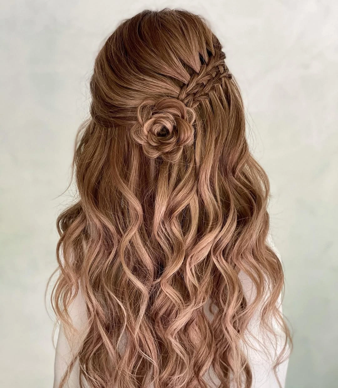 fall hairstyles for long hair 2026 Romantic Braided Rose Half-Up Waves