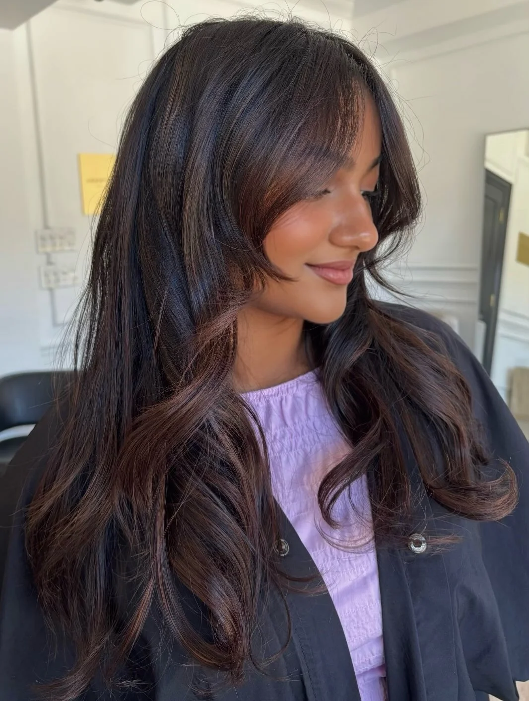 Fall hairstyles for office 2026 Soft Curtain Layers with Glossy Brunette Movement