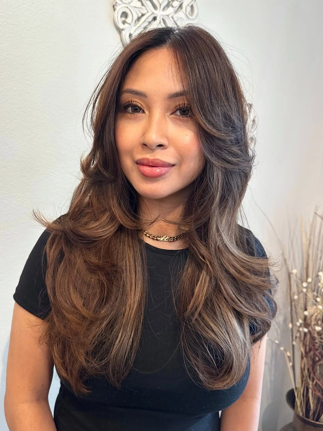 fall medium haircuts 2026 Feathered Espresso Layers With Soft Face-Framing Movement