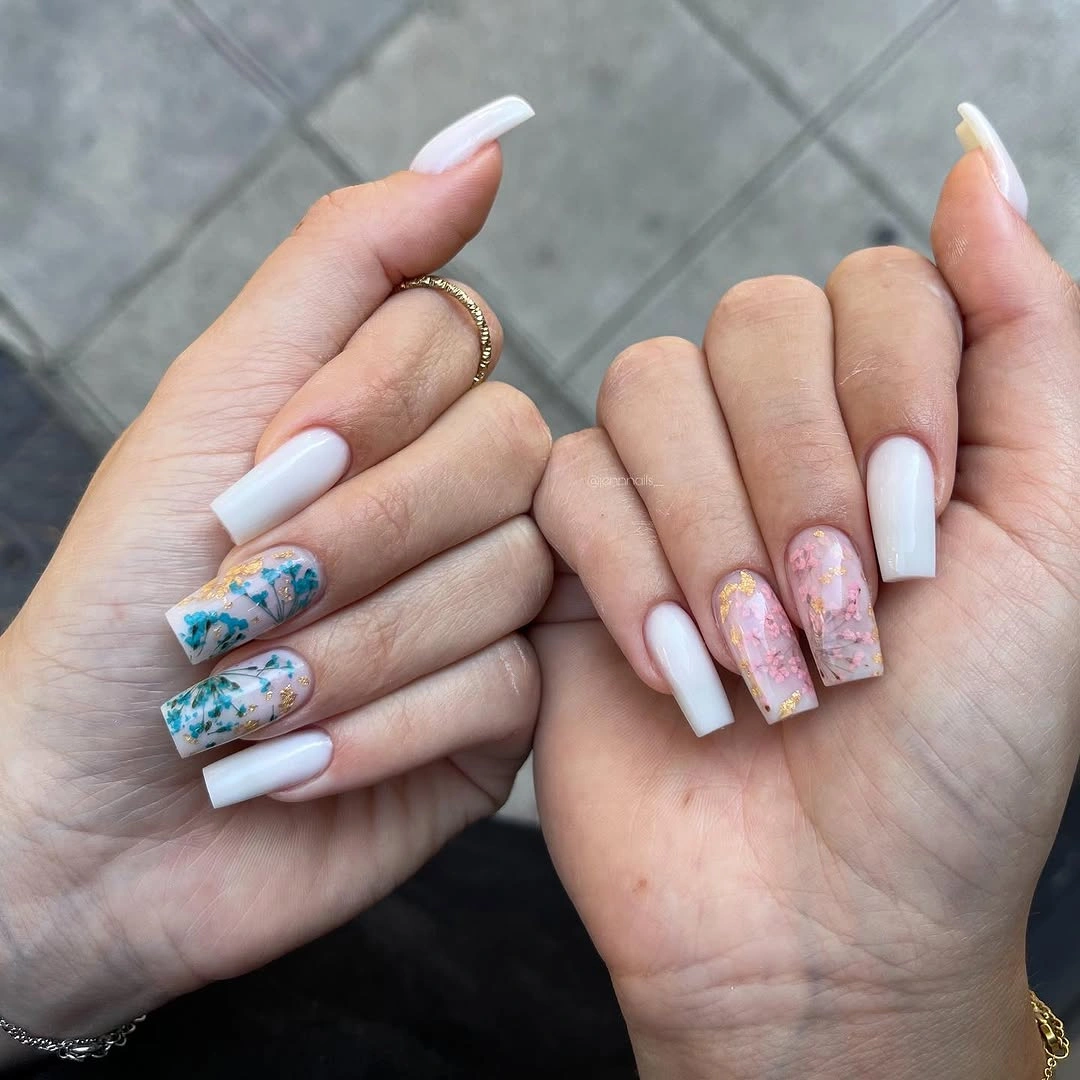 white long coffin-square nails with floral accent panels