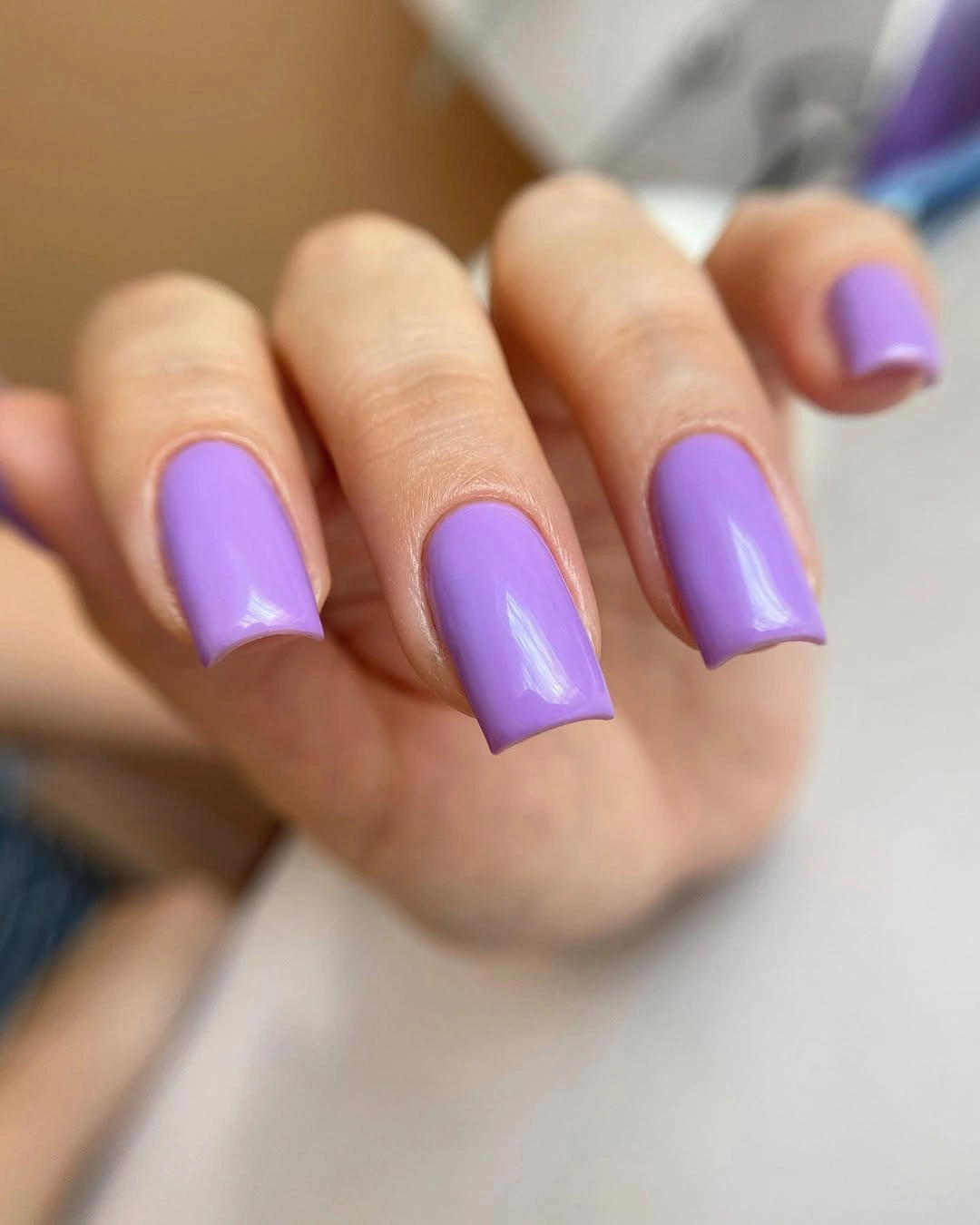 lavender purple medium square nails with solid glossy color