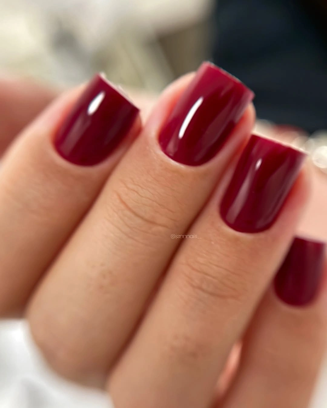 burgundy red short square nails with solid glossy color