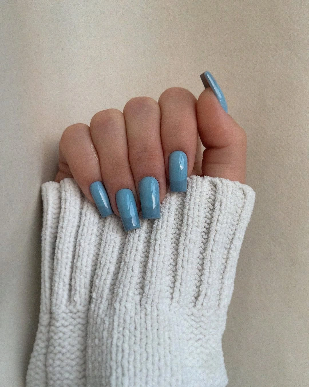 dusty blue medium square nails with solid glossy color