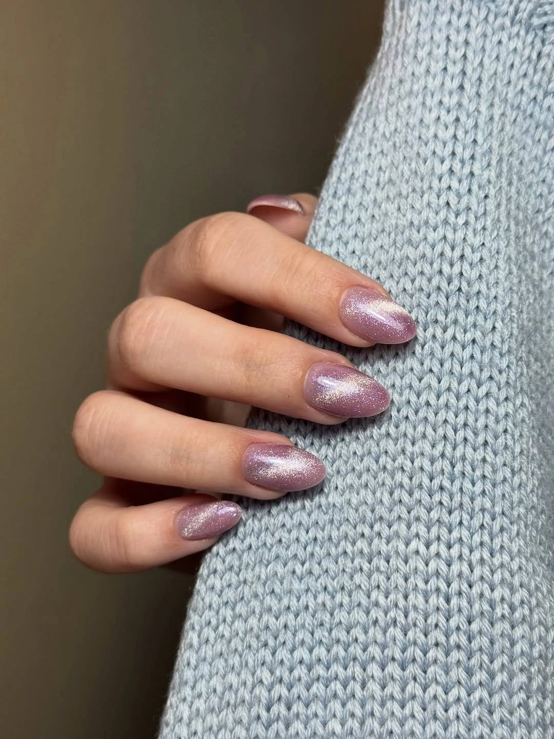 Fall nail art 2026 Mauve Shimmer Almond Nails With Soft Shine