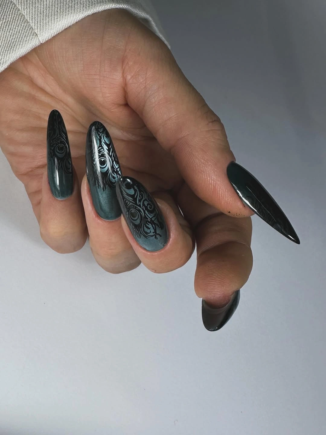 Fall nail art 2026 Black Lace-Like Nail Art on Smoky Gray Nails