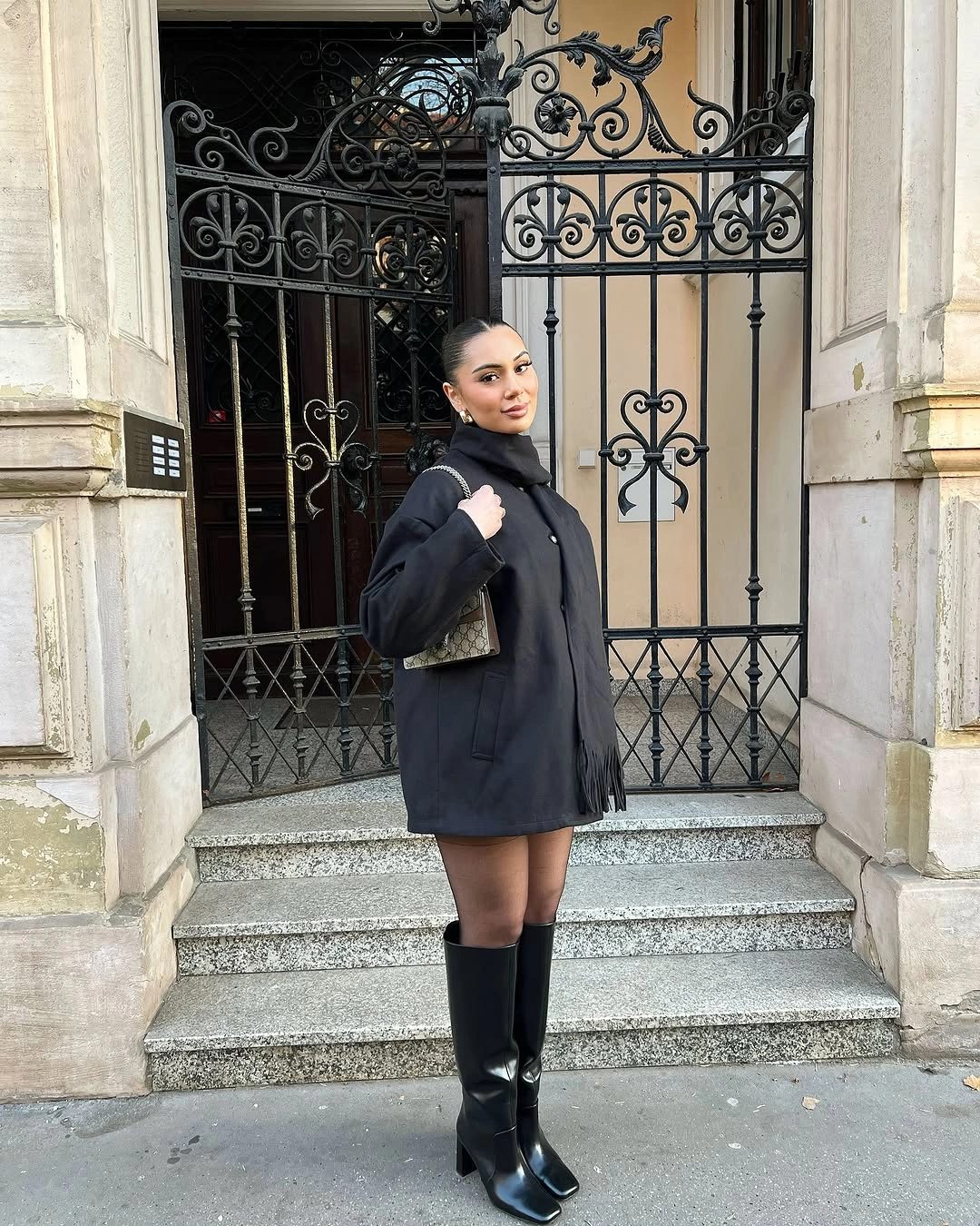 fall outfits with peacoat 2026 Elegant Black Peacoat with Tall Boots for Evening Style