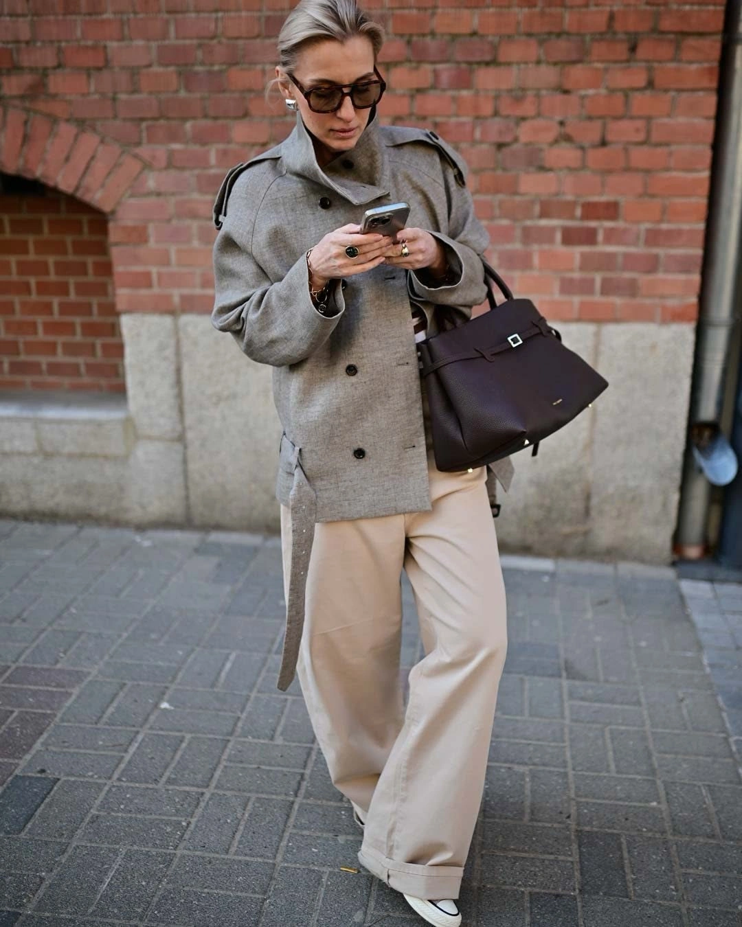 fall outfits with peacoat 2026 Refined Greige Peacoat with Relaxed Tailored Trousers