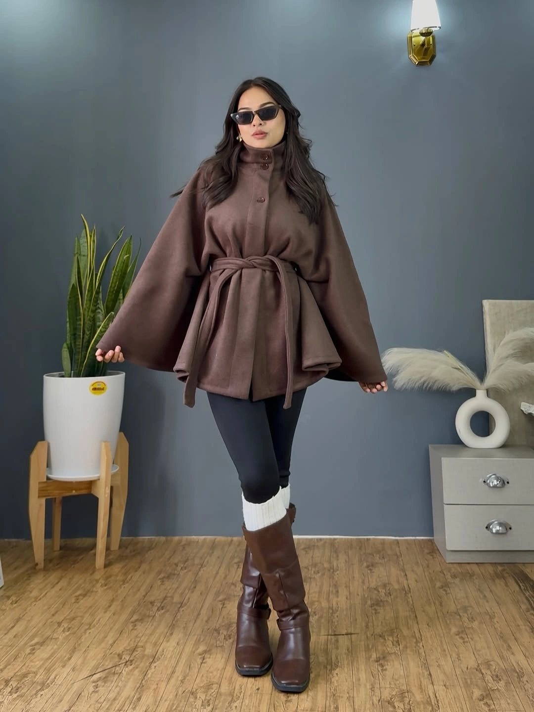 fall outfits with peacoat 2026 Chocolate Belted Peacoat with Elegant Cape Sleeves