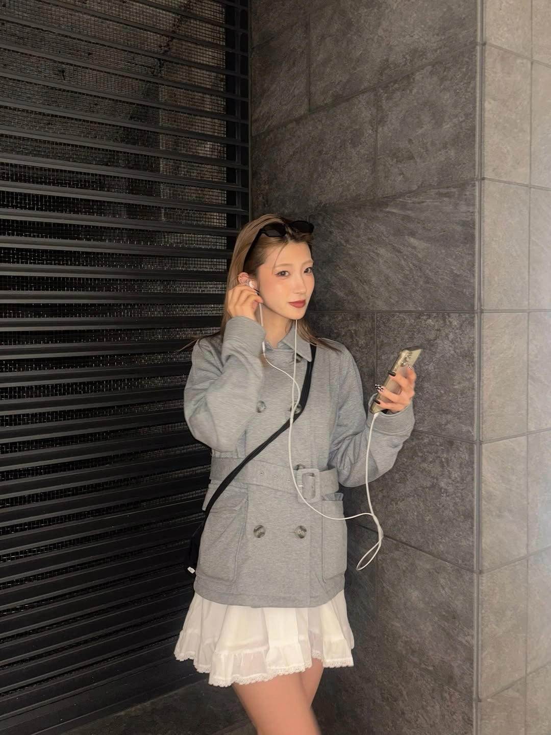 fall outfits with peacoat 2026 Soft Gray Belted Peacoat with a Feminine Mini Skirt Twist