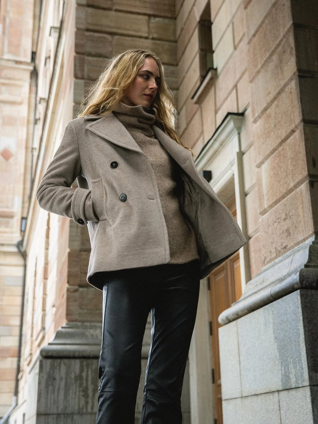 fall outfits with peacoat 2026 Warm Taupe Peacoat with Luxe Knit Layers