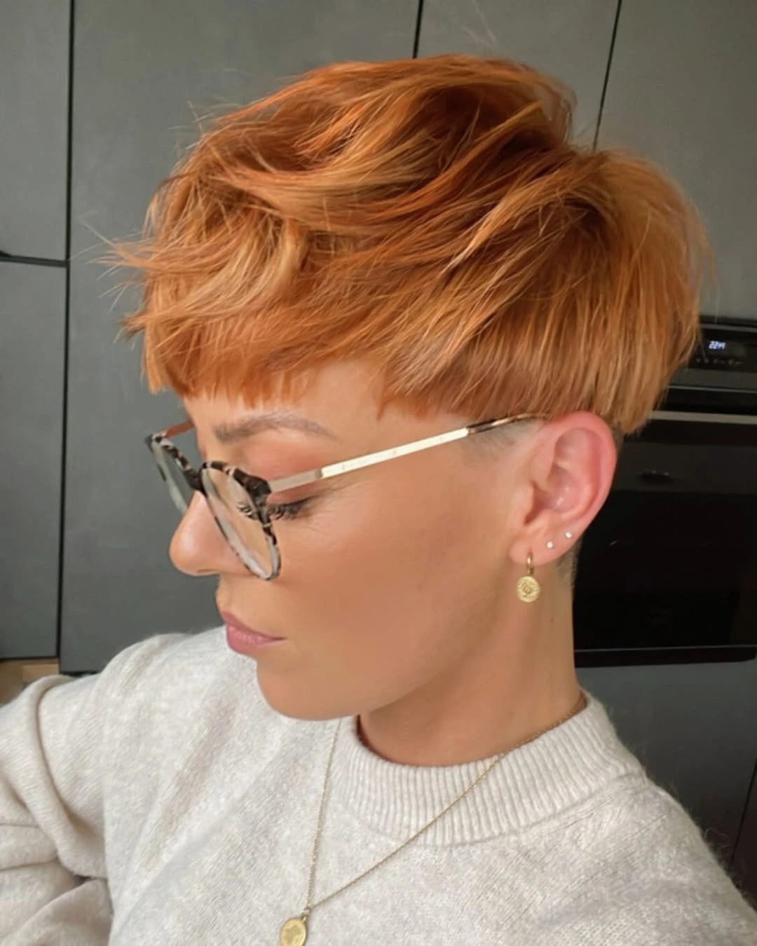 fall pixie haircut ideas 2026 Warm Copper French Pixie with Soft Fringe