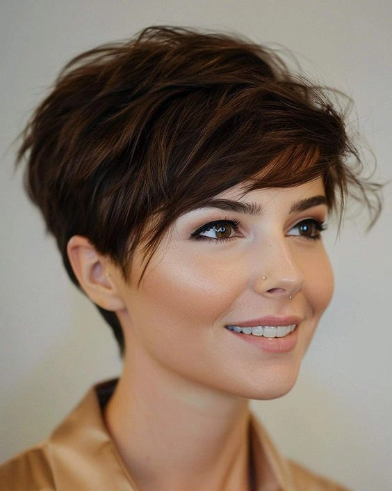 fall pixie haircut ideas 2026 Soft Chestnut Pixie with Airy Layers