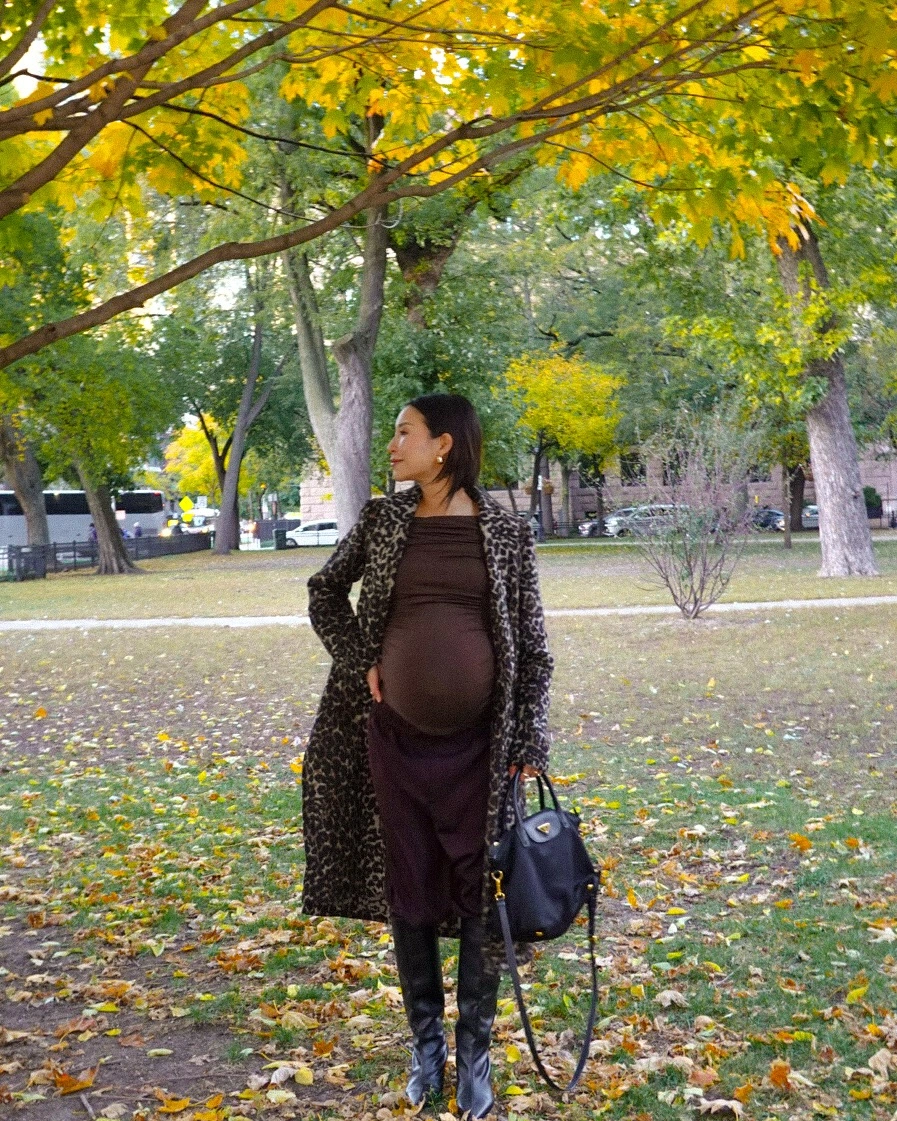 fall pregnancy outfits 2026 Leopard Coat and Chocolate Knit Dress for an Elegant Pumpkin Patch Look