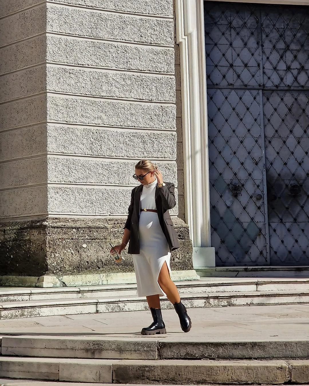 fall pregnancy outfits 2026 Blazer and Knit Dress for Polished Everyday Workwear