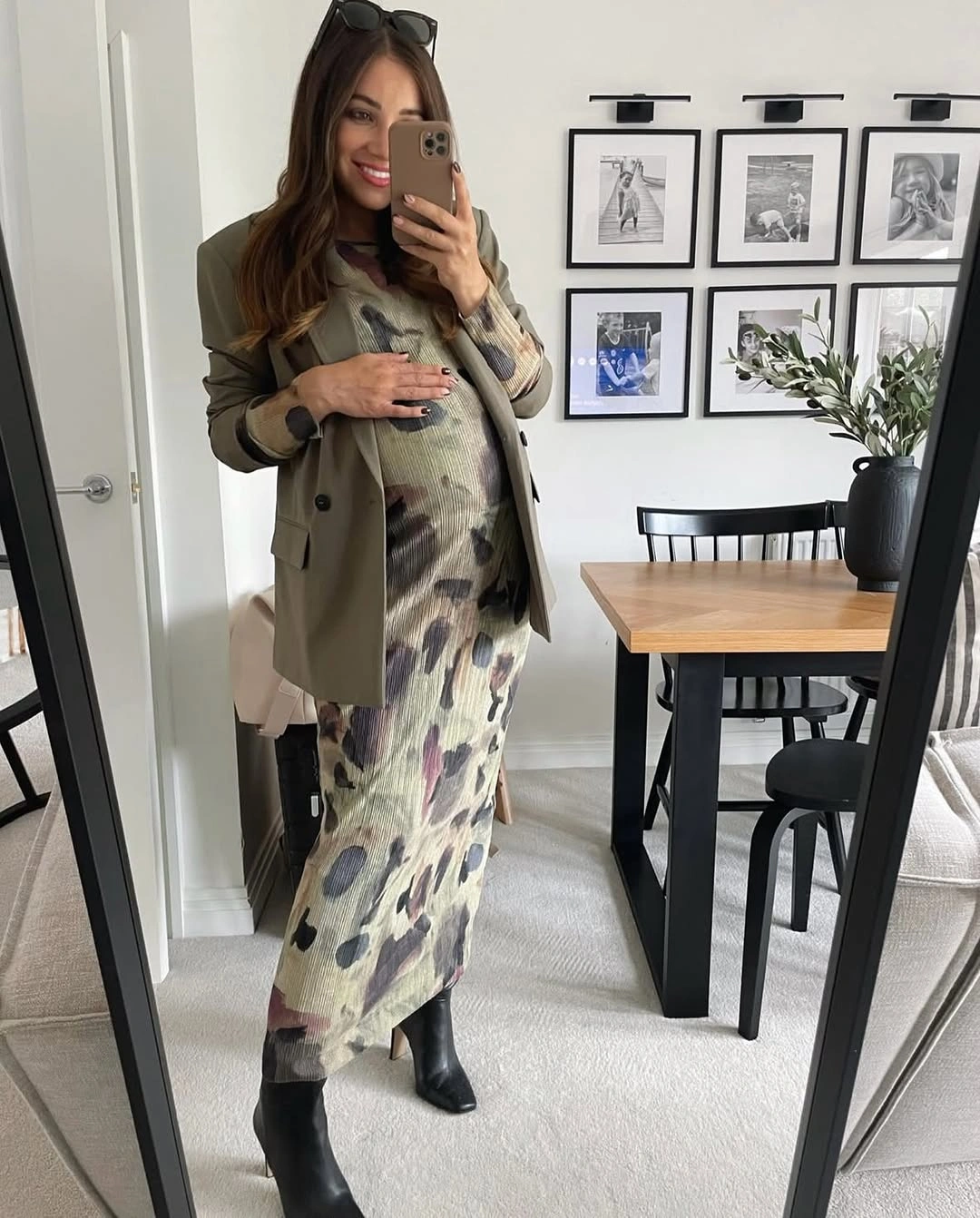 fall pregnancy outfits 2026 Printed Knit Dress with Tailored Blazer for Elevated Autumn Style