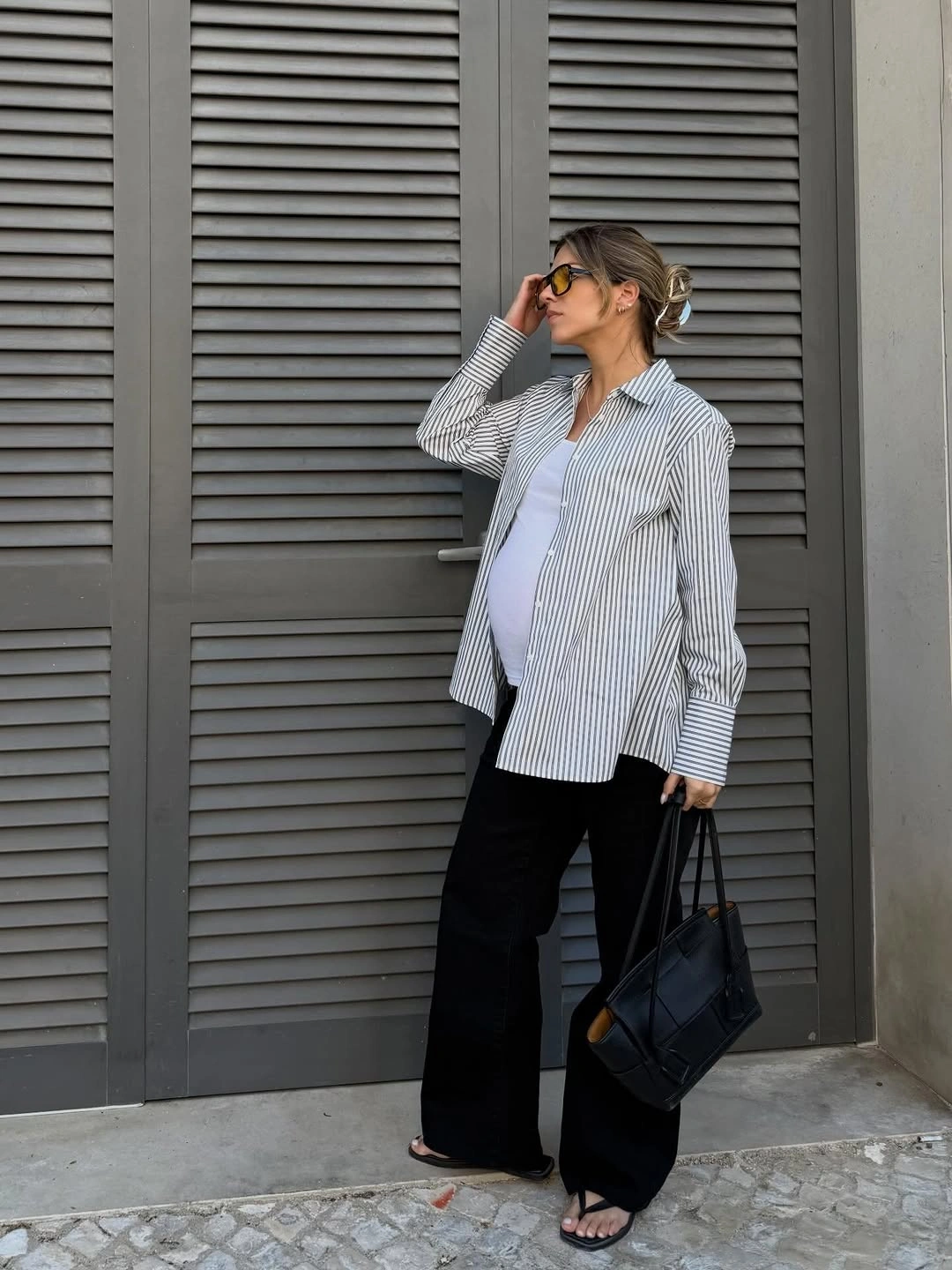 fall pregnancy outfits 2026 Relaxed Striped Shirt and Wide-Leg Pants for Everyday Comfort