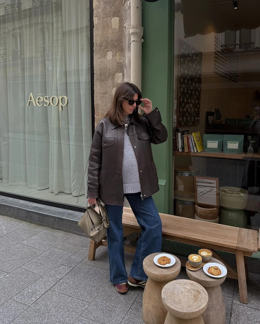 fall pregnancy outfits 2026 Leather Jacket and Denim for Cozy Coffee Dates