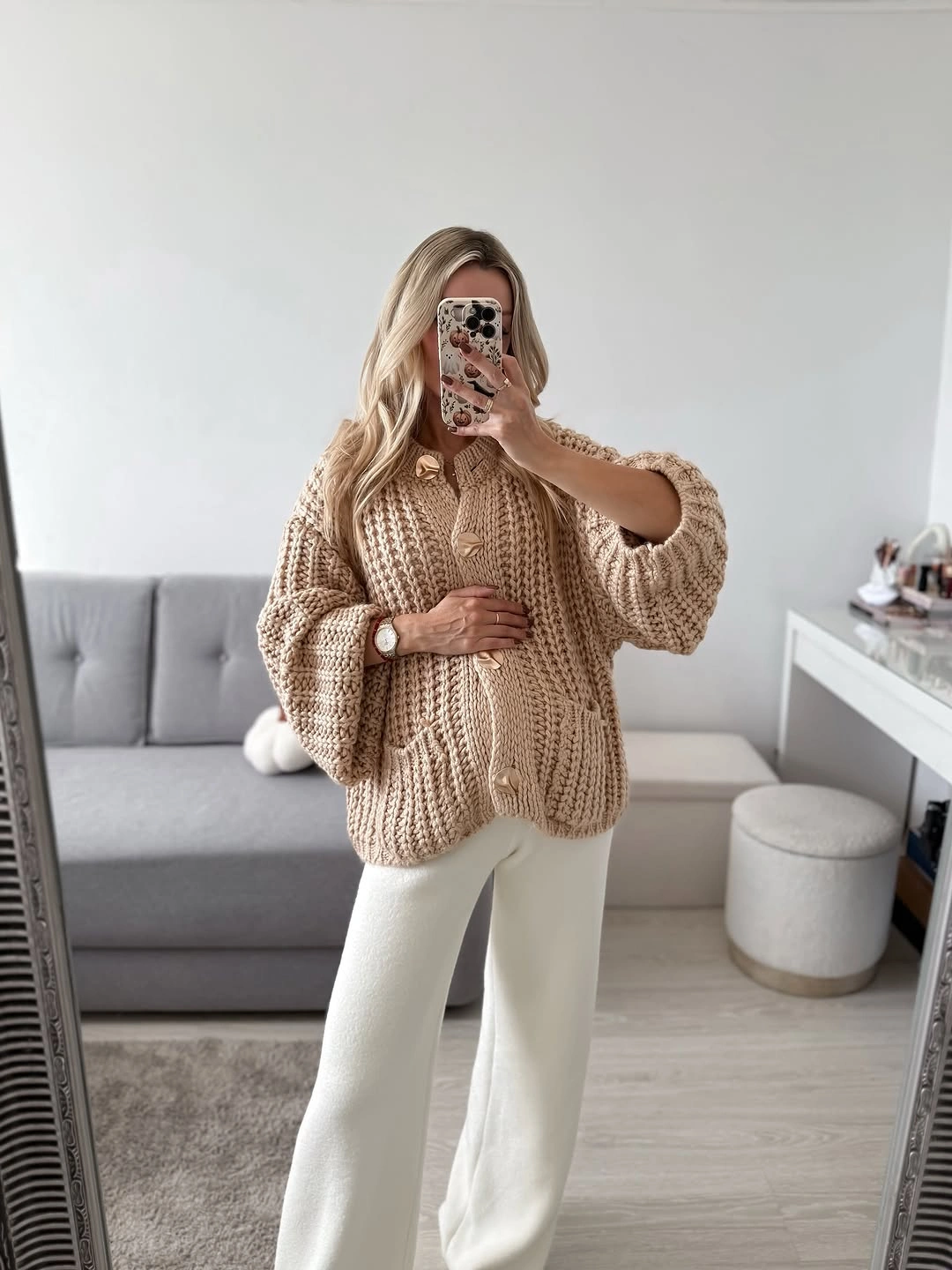 fall pregnancy outfits 2026 Chunky Knit Cardigan with Soft Neutral Loungewear